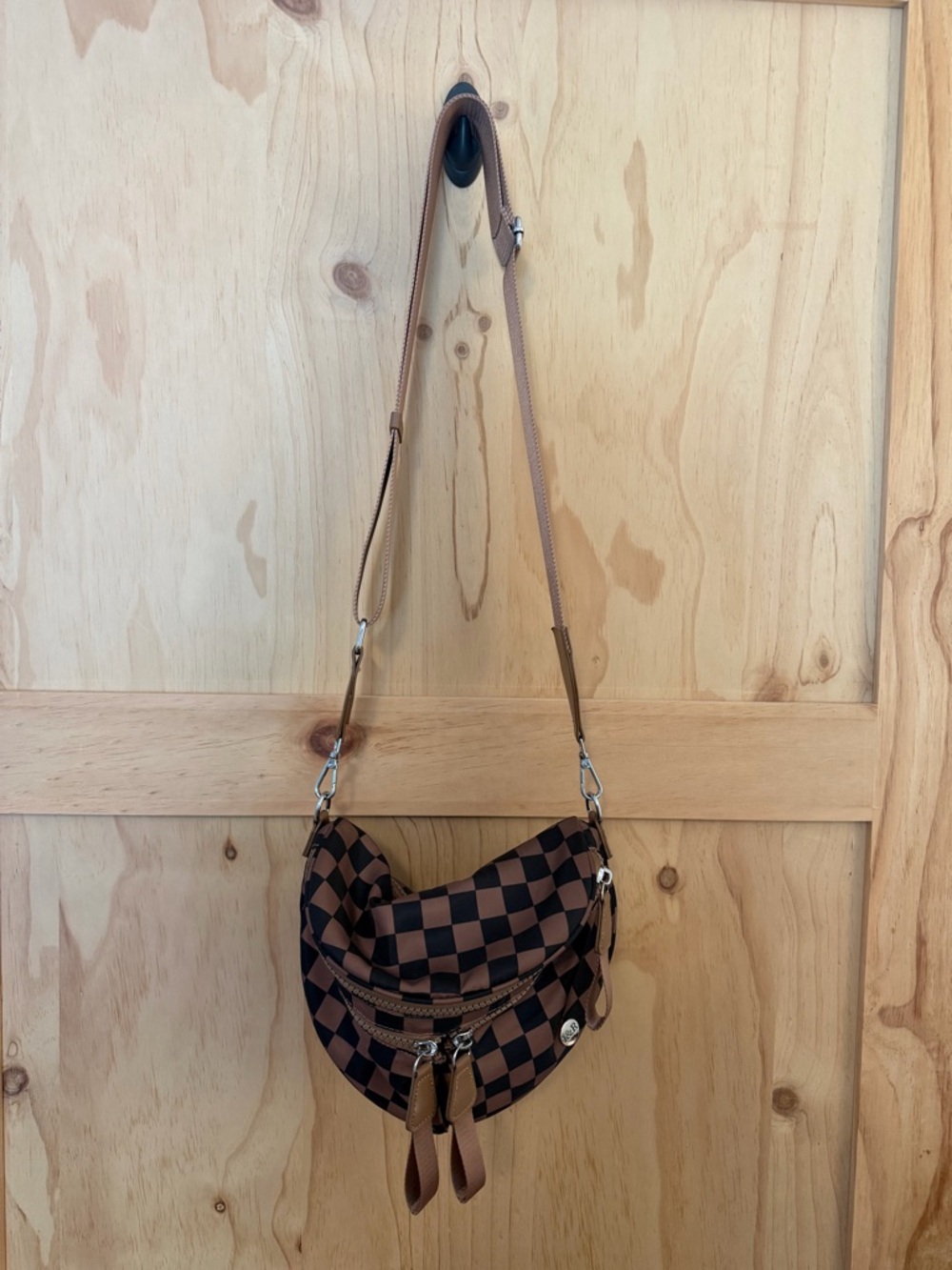 Iris and Rainbow Brown Checkered Crossbody Bag
